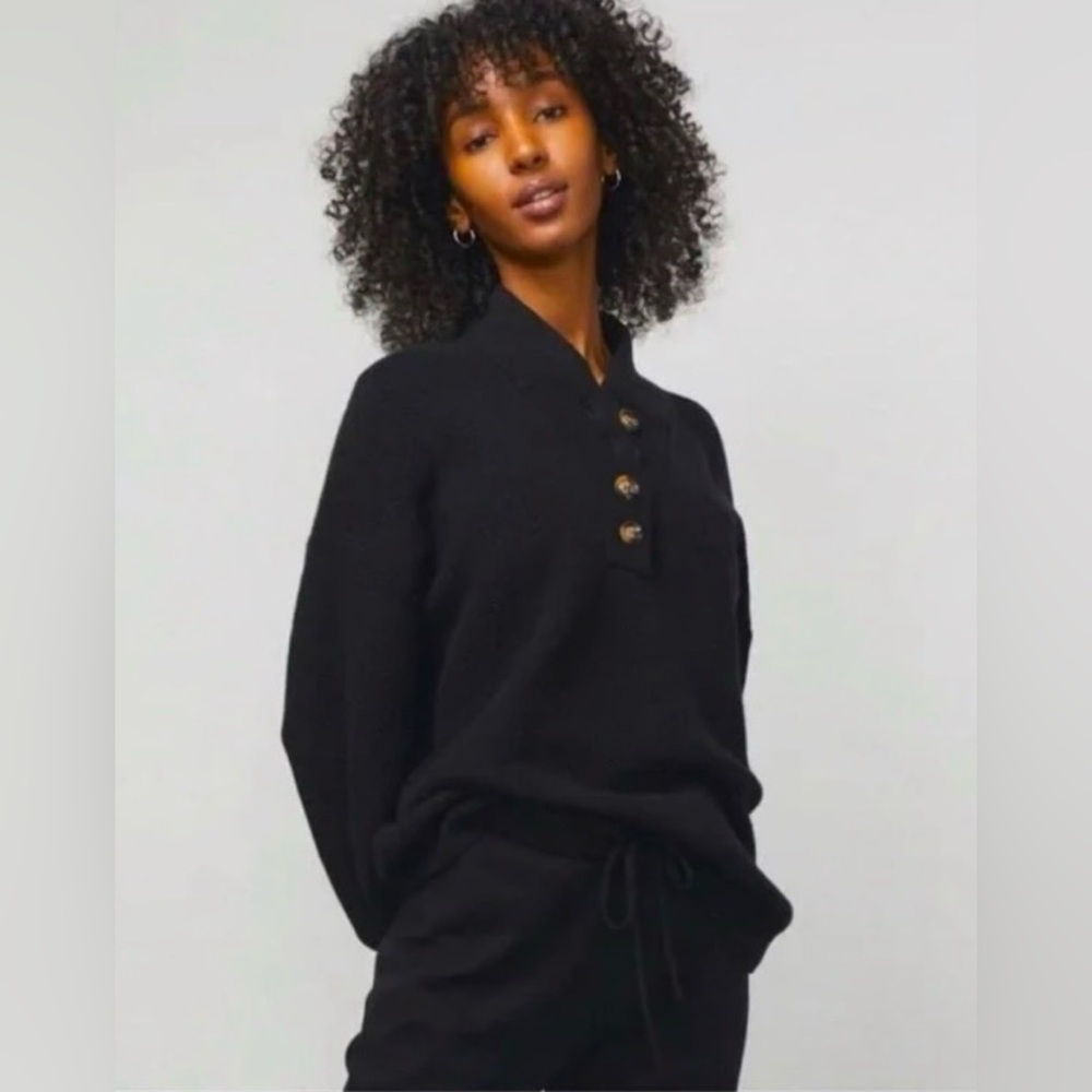 Lunya Cozy Cotton Silk Waffle Henley Sweater Black XS